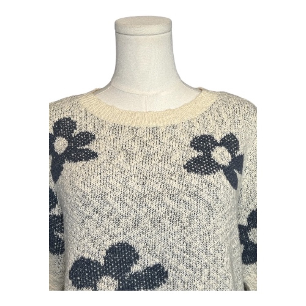 EUC Sonoma cream puff-sleeve sweater with blue flowers | sz L - Picture 2 of 8